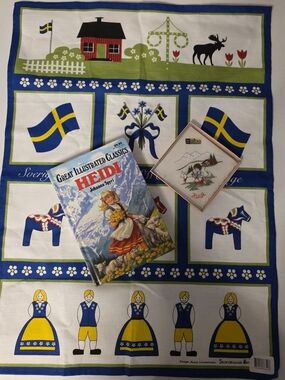 Heidi Of The Alps Book, Swedish Folk Print Decorative Tea Towel +Vintage Silk